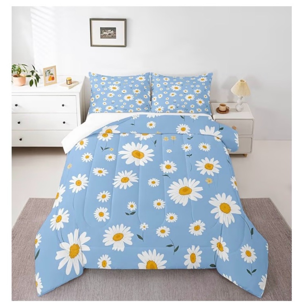 White Daisy Comforter Set Full Size, Botanical Garden Artwork with 2 Pillowcases